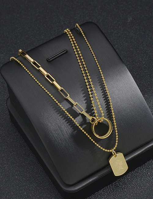 Fashion Golden Stainless Steel Ring Square Brand Double Necklace