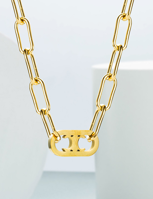 Fashion Golden Titanium Steel Metal Oval Necklace