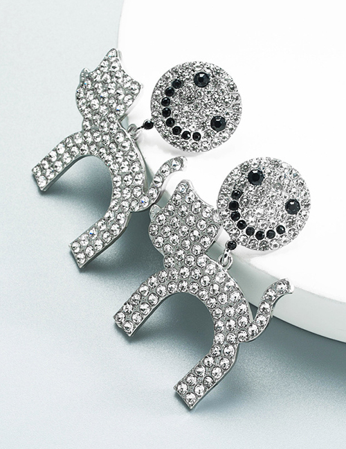 Fashion Silver Full Diamond Smiley Cat Earrings