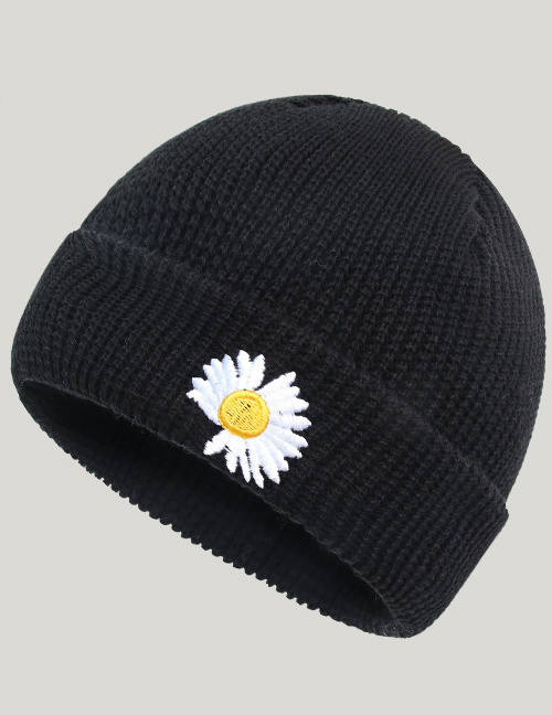 Fashion Black Daisy Knitted Hat Pure Color Woolen Daisy Knitted Pullover Hat