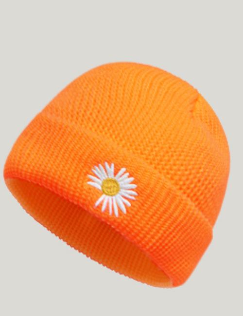 Fashion Orange Red Daisy Knitted Hat Pure Color Woolen Daisy Knitted Pullover Hat
