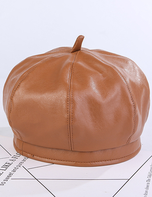 Fashion Octagonal Cap Pu Khaki Leather Octagonal Beret