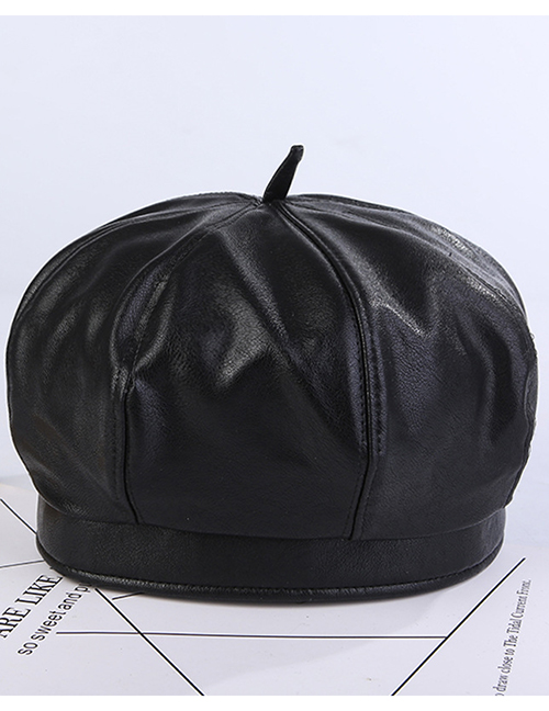 Fashion Octagonal Cap Pu Black Leather Octagonal Beret