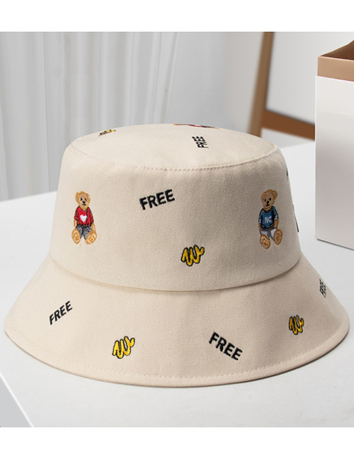 Fashion Beige Embroidered Bear Fisherman Hat