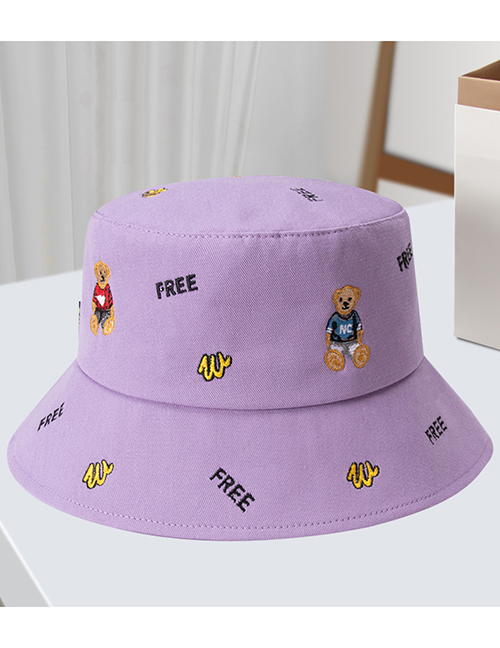 Fashion Purple Embroidered Bear Fisherman Hat