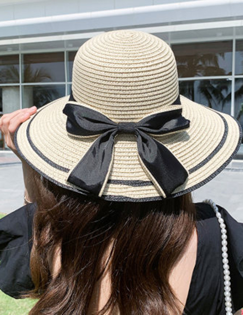 Fashion Black Big Butterfly + Hat Beige Big Bow Woven Straw Hat