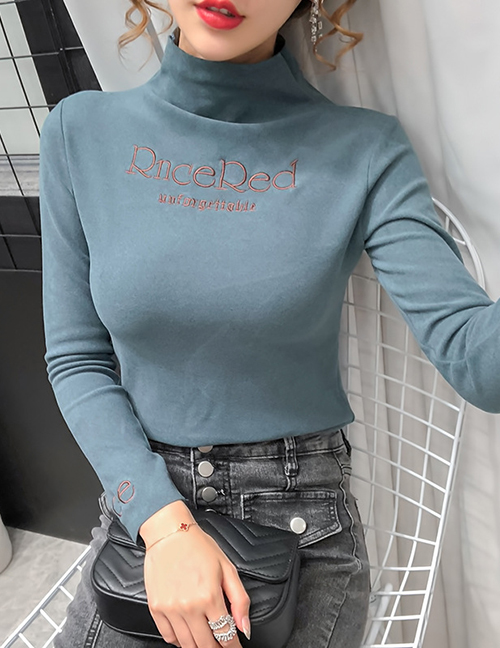 Fashion Gray Green Long-sleeved Bottoming Shirt With German Velvet Embroidery