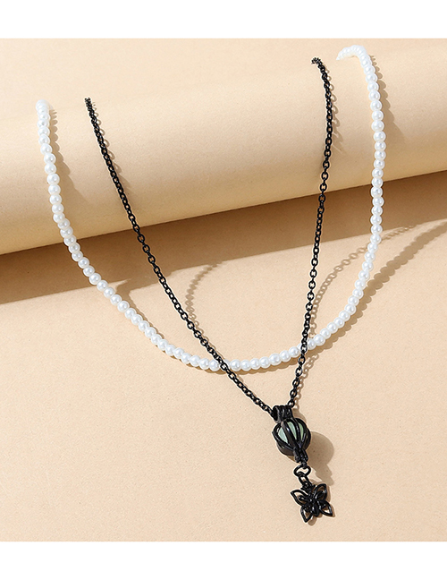 Fashion Black+white Alloy Butterfly Pearl Beaded Double Necklace