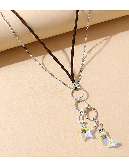 Fashion Silver Crystal Star Moon Leather Y Necklace