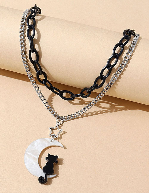 Fashion Silver Resin Moon Cat Double Necklace