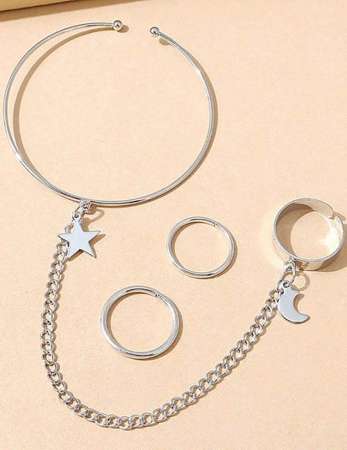 Fashion Silver Metal Star And Moon Finger Ring Set