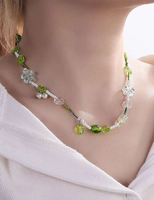 Fashion Green Resin Flower Glass Beads Pearl Beaded Necklace