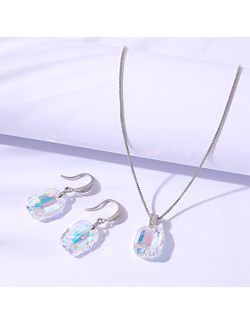 Fashion White Geometric Square Crystal Stud Necklace Set