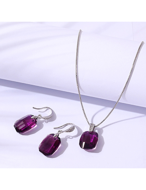 Fashion Purple Geometric Square Crystal Stud Necklace Set