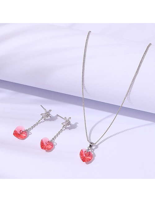 Fashion Pink Geometric Heart Crystal Drop Necklace Set