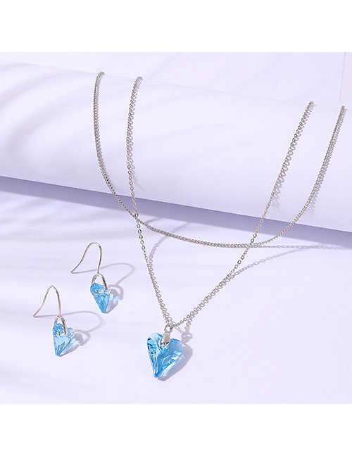 Fashion Blue Geometric Love Crystal Necklace Stud Earrings Set