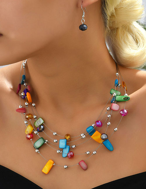 Fashion Color Crystal Shell Woven Layered Necklace And Earrings Set