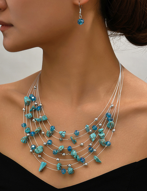 Fashion Blue Alloy Geometric Gravel Beaded Layered Necklace