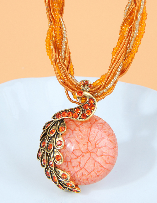 Fashion Orange Alloy Rice Bead Beaded Diamond Peacock Multilayer Necklace