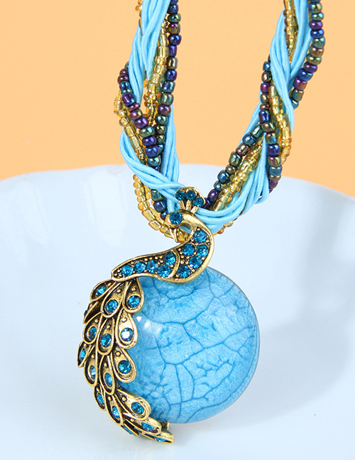 Fashion Blue Alloy Rice Bead Beaded Diamond Peacock Multilayer Necklace
