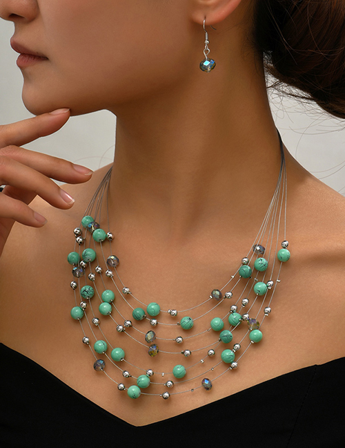 Fashion Blue Pearl Crystal Beaded Layered Necklace And Earrings Set