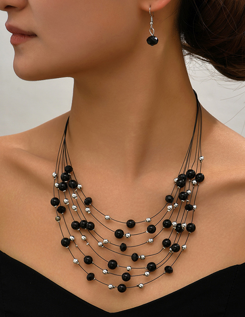 Fashion Black Pearl Crystal Beaded Layered Necklace And Earrings Set