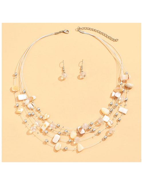 Fashion Pink Alloy Crystal Shell Beaded Multilayer Necklace Earrings Set