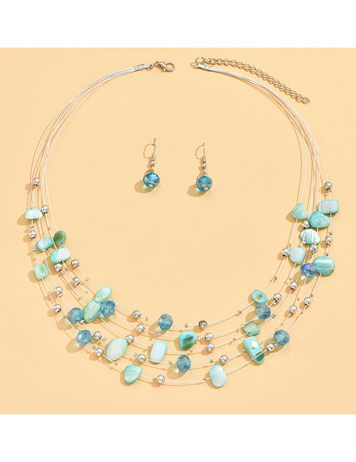 Fashion Blue Alloy Crystal Shell Beaded Multilayer Necklace Earrings Set