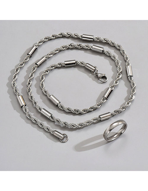 Fashion Silver Titanium Steel Twist Chain Necklace Ring Set