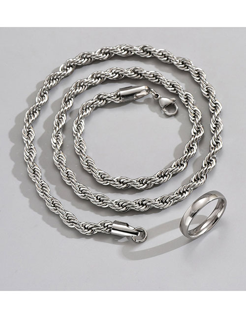 Fashion Silver Stainless Steel Twist Necklace Glossy Ring Set