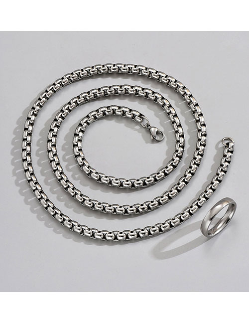 Fashion Silver Stainless Steel Chain Necklace Glossy Ring Set