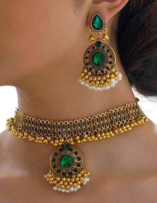 Fashion Gold Alloy Diamond Geometric Necklace And Earrings Set