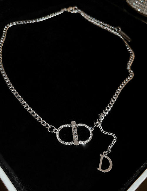 Fashion Necklace - Silver Alloy Diamond Pig Nose Alphabet Necklace