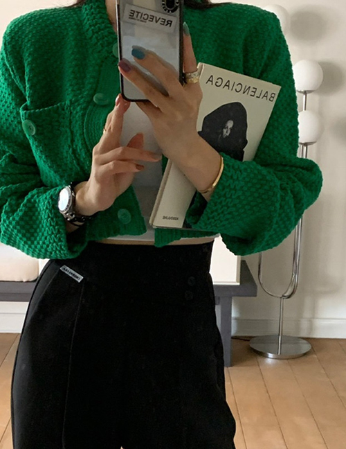 Fashion Green Cotton-knit Button-down Cardigan