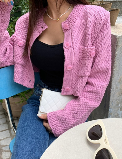 Fashion Pink Cotton-knit Button-down Cardigan