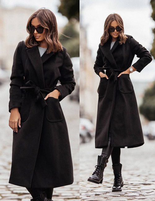 Fashion Black Lace-up Nylon Lapel Jacket