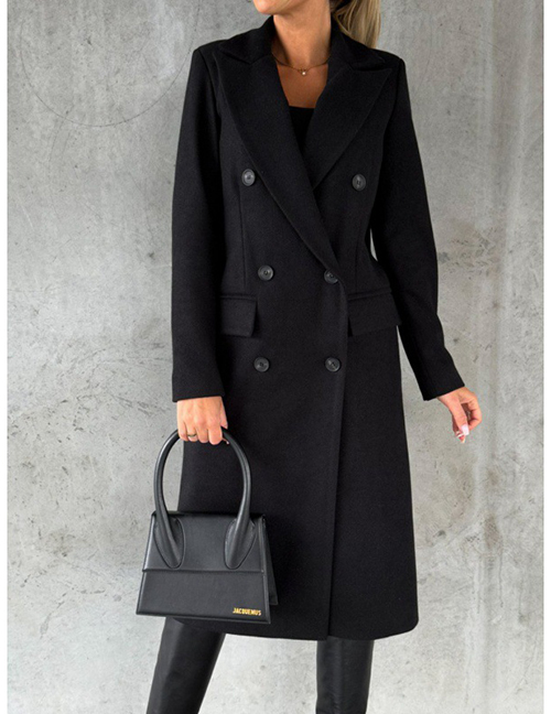 Fashion Black Long Sleeve Double Breasted Wool Jacket