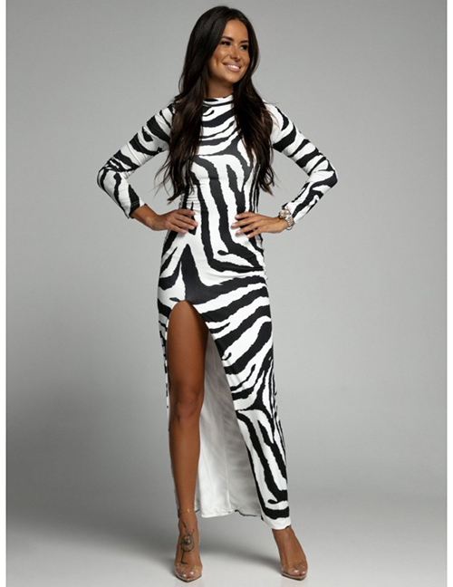 Fashion Zebra Polyester Printed Half Turtleneck Slit Dress