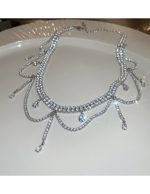 Fashion Necklace - Silver Alloy Diamond Drop Tassel Necklace