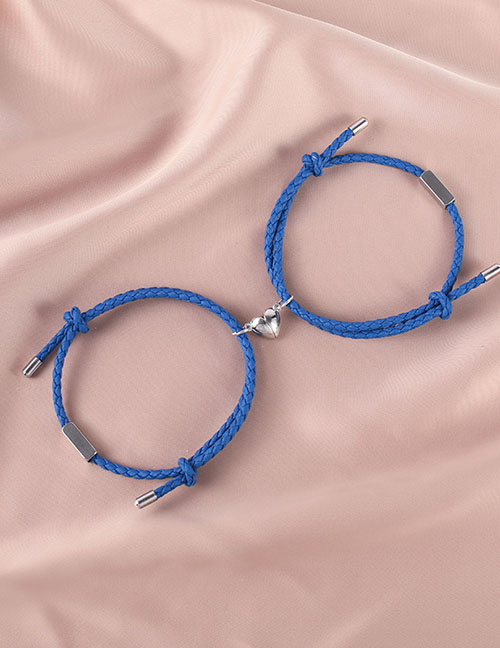 Fashion Pu Rope Love Magnet Royal Blue Pair Pu Woven Magnetic Heart Bracelet Set