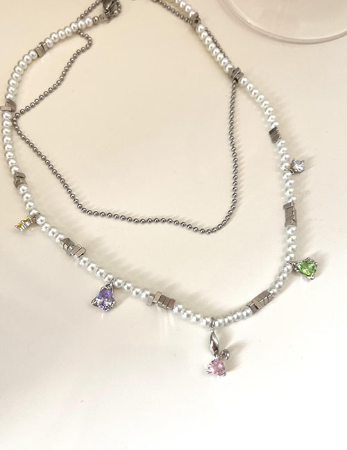 Fashion Silver Alloy Pearl Beaded Diamond Geometric Necklace