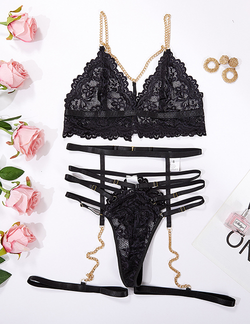 Fashion Black Metal Chain Lace Embroidered Lingerie Set