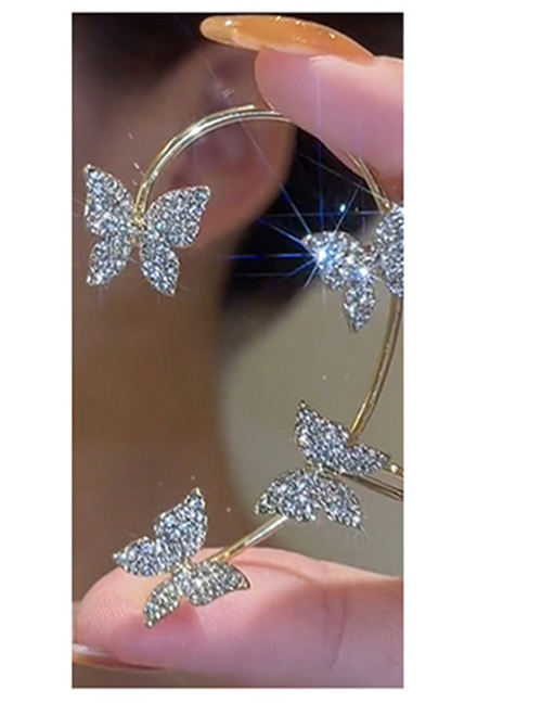 Fashion Golden Pair Metal Diamond Butterfly Earrings