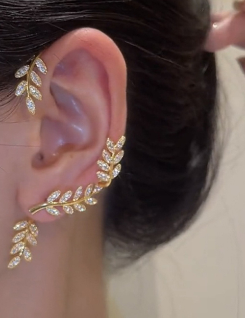 Fashion Leaf Gold - Left Metal Diamond Leaf Earrings