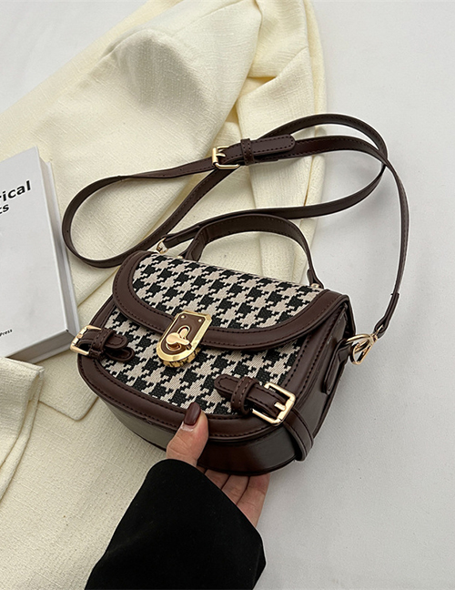 Fashion Brown Color Without Pendant Pu Houndstooth Lock Flap Crossbody Bag
