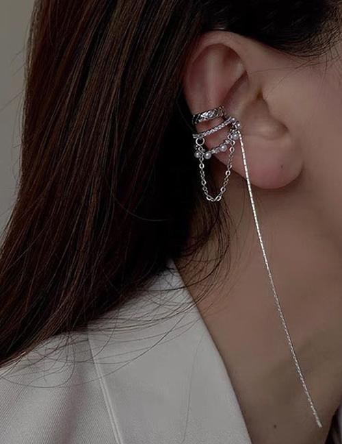 Fashion Silver Single Metal Diamond And Pearl Tassel Ear Clips