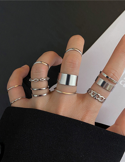 Fashion 10-piece Set Silver Metal Geometric Ring Set