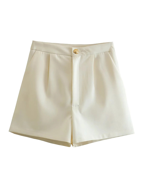 Fashion White Polyester Single Button Micro Pleated Shorts