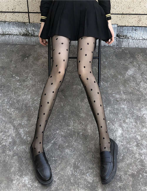Fashion Big Dot Black Corespun Silk Polka Dot Heart Bow Stockings