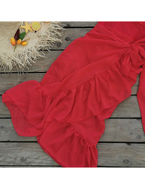 Fashion Red Skirt Polyester Lace Pleated Swimsuit Overskirt